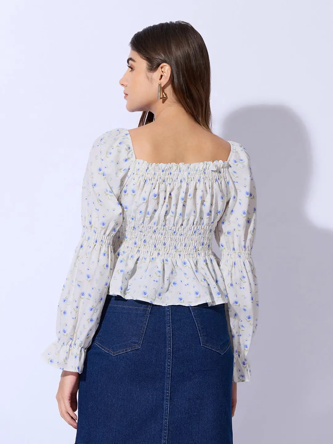 Women's Floral Print Blue Smocked Peplum Top