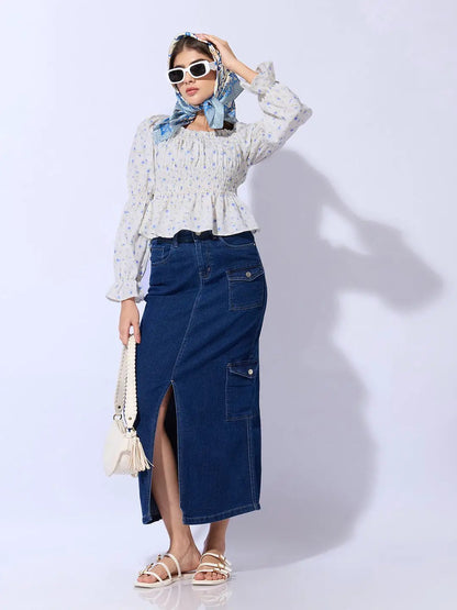 Women's Floral Print Blue Smocked Peplum Top