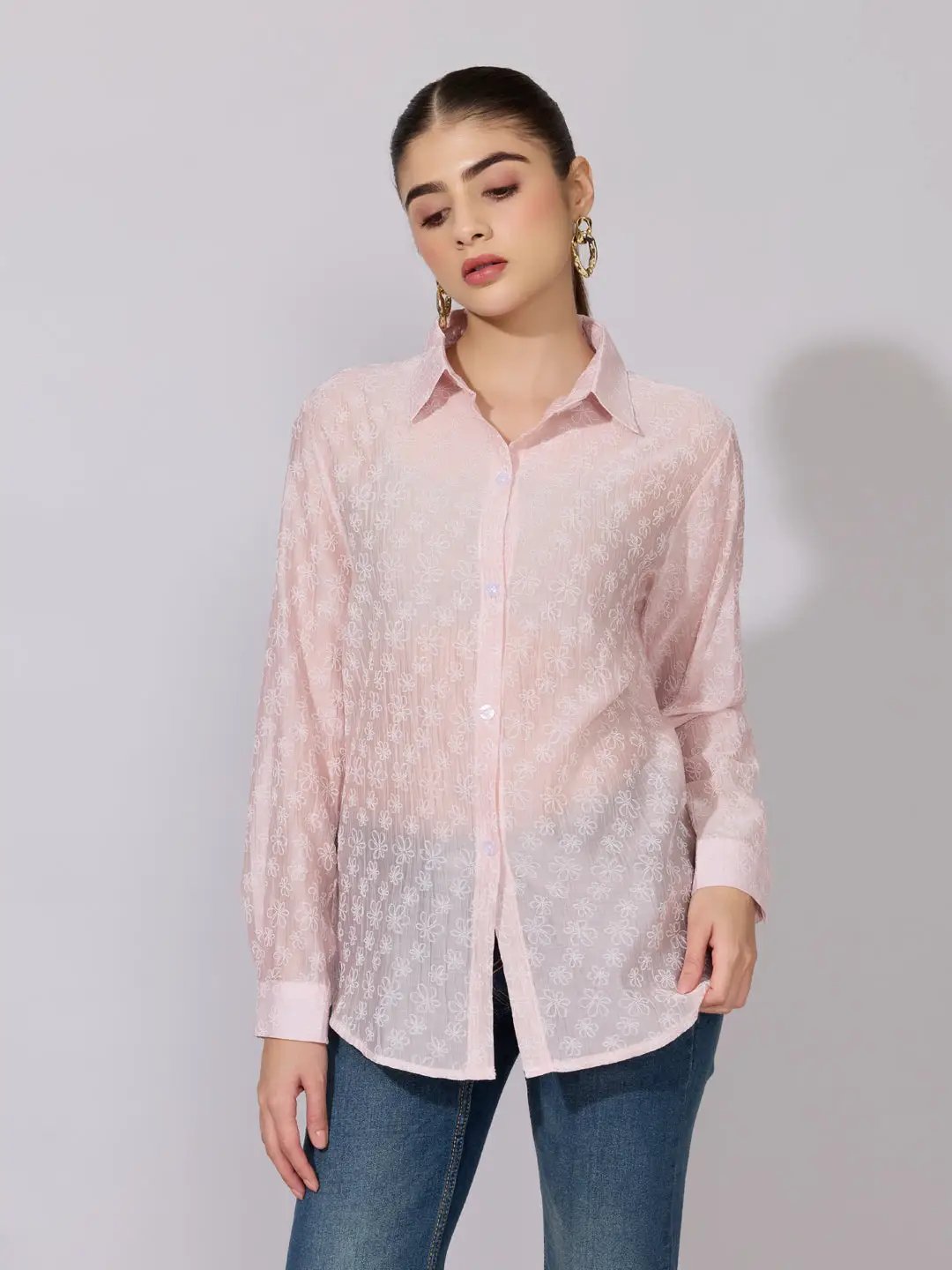 Women's Embroidered Pink Sheer Button-Down Shirt