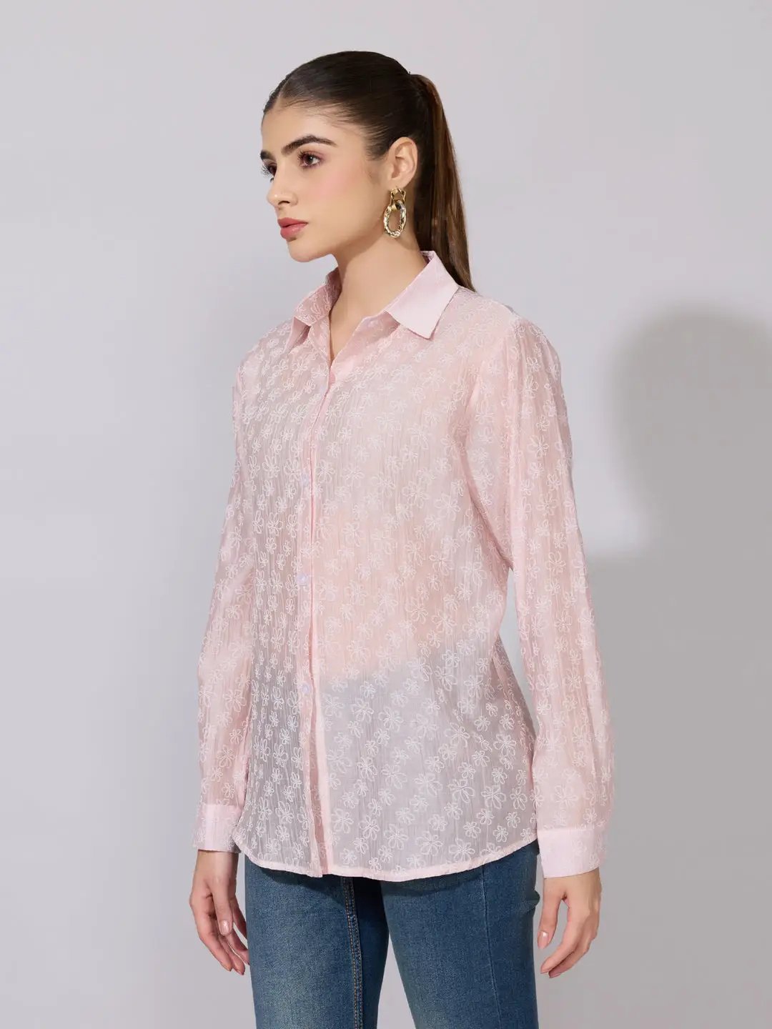 Women's Embroidered Pink Sheer Button-Down Shirt