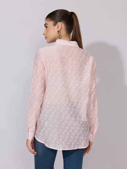 Women's Embroidered Pink Sheer Button-Down Shirt