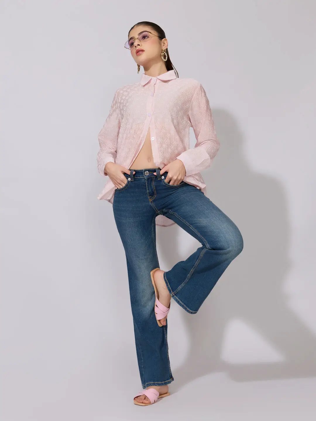 Women's Embroidered Pink Sheer Button-Down Shirt