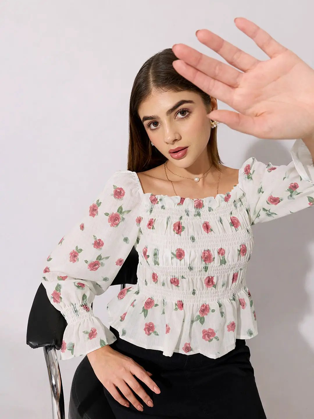 Women's Floral Print Red Smocked Top with Ruffle Hem