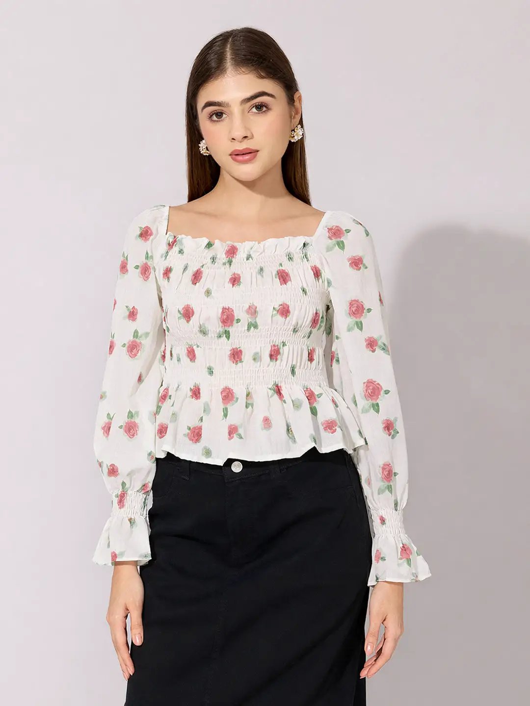 Women's Floral Print Red Smocked Top with Ruffle Hem