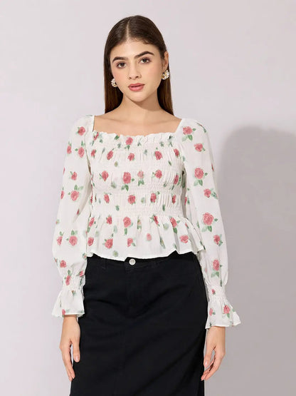 Women's Floral Print Red Smocked Top with Ruffle Hem