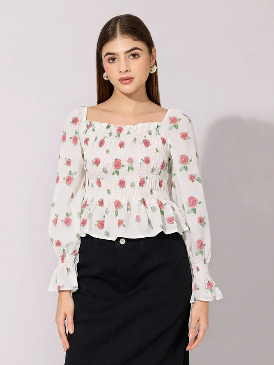 Women's Floral Print Red Smocked Top with Ruffle Hem