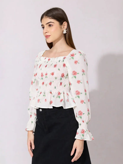 Women's Floral Print Red Smocked Top with Ruffle Hem