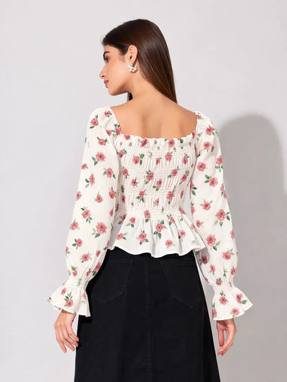 Women's Floral Print Red Smocked Top with Ruffle Hem