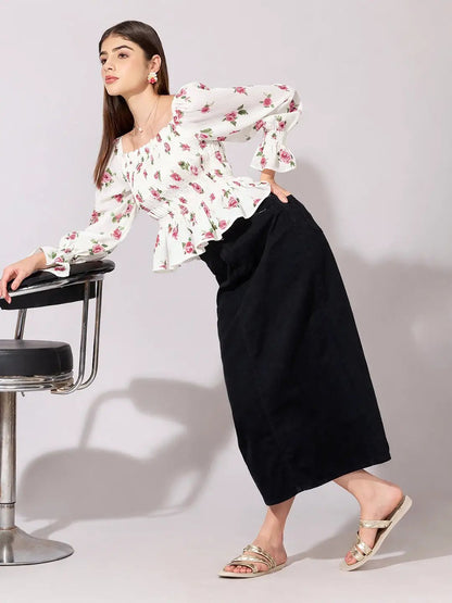 Women's Floral Print Red Smocked Top with Ruffle Hem