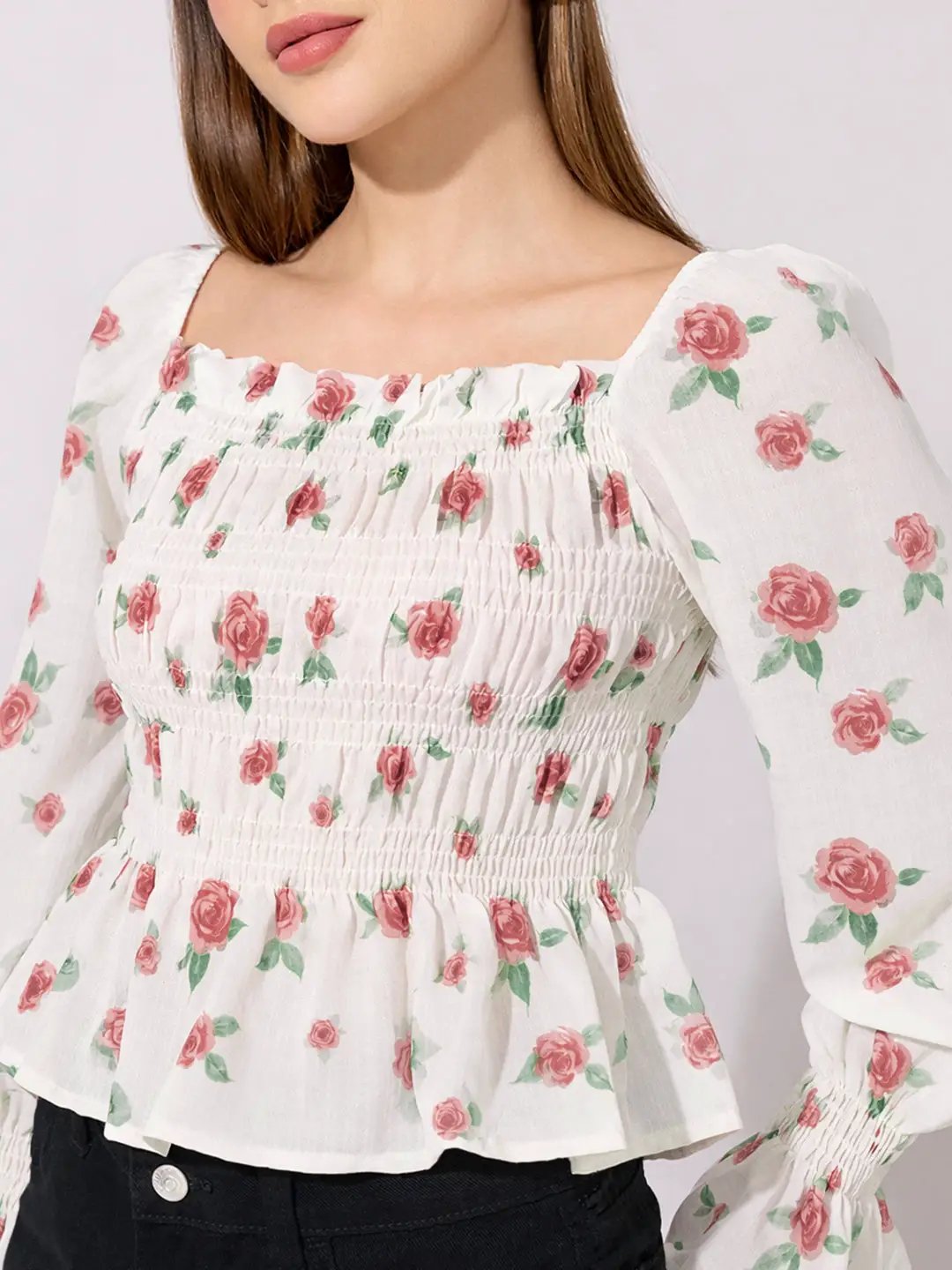 Women's Floral Print Red Smocked Top with Ruffle Hem