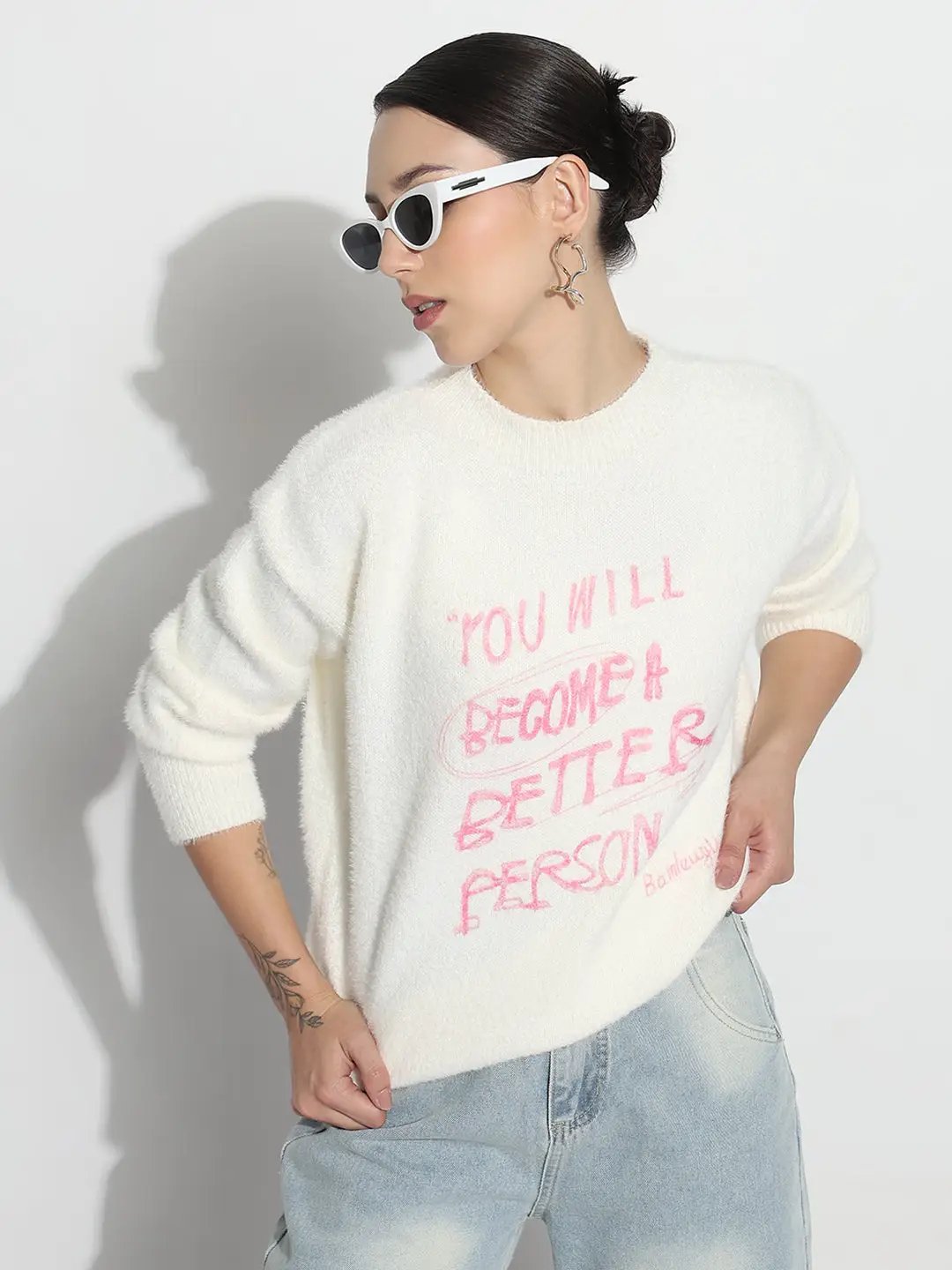 Women's Typography White Round Neck Fuzzy Top