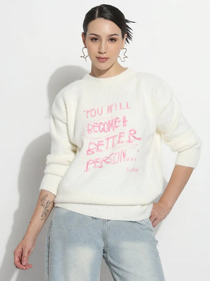 Women's Typography White Round Neck Fuzzy Top