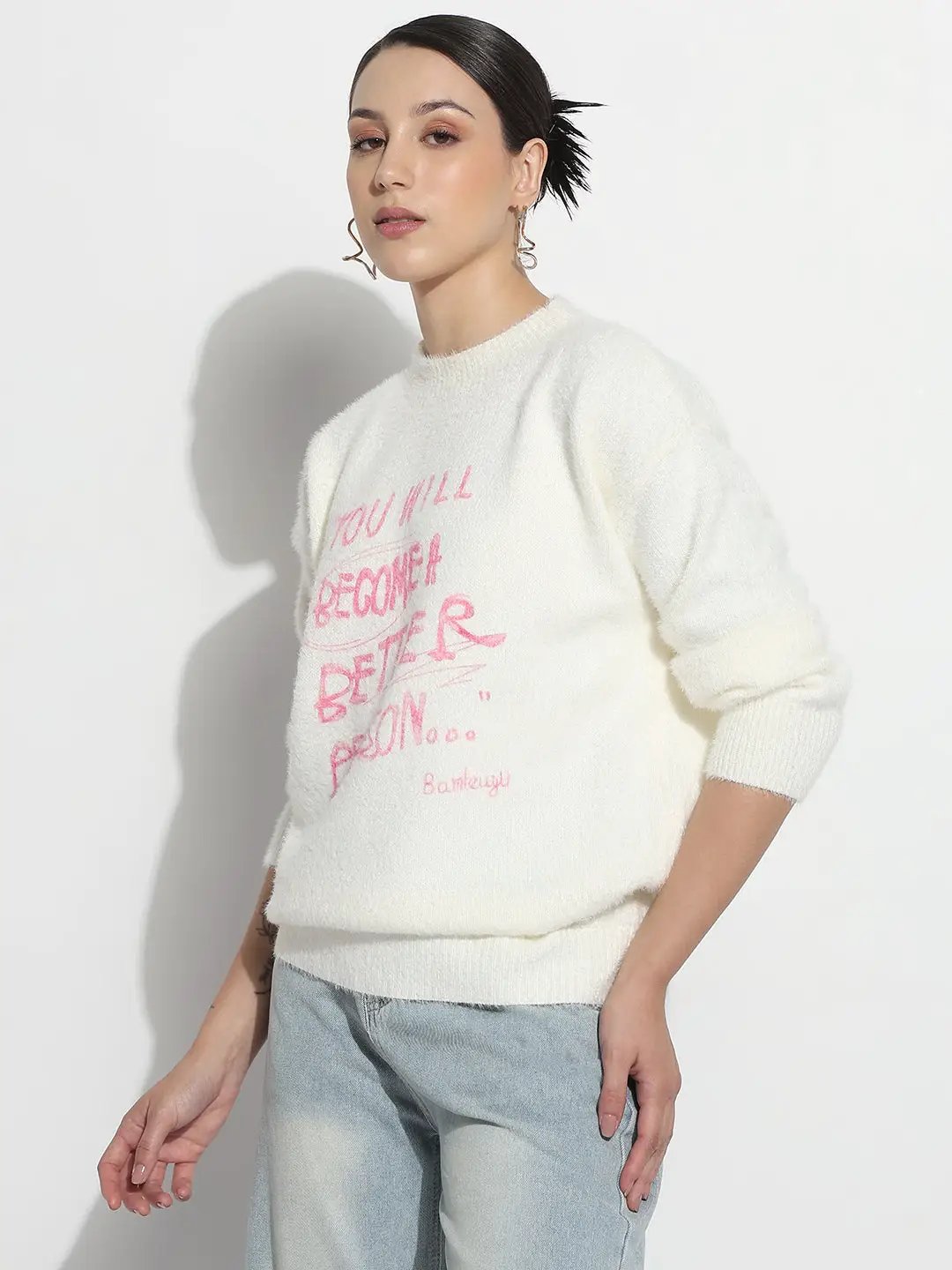 Women's Typography White Round Neck Fuzzy Top