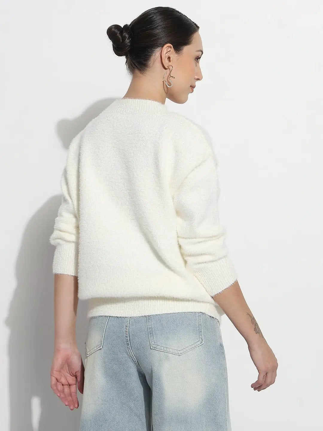 Women's Typography White Round Neck Fuzzy Top