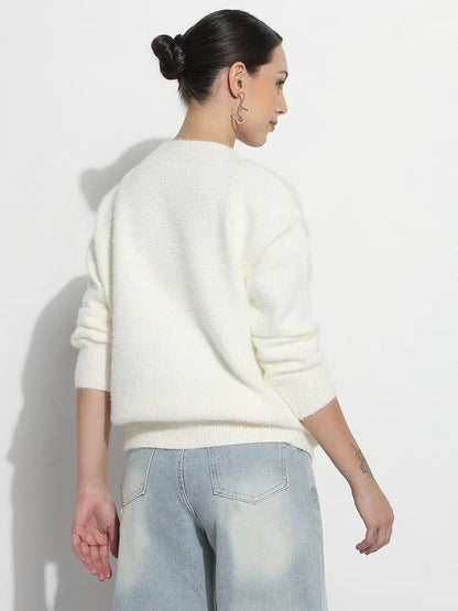 Women's Typography White Round Neck Fuzzy Top