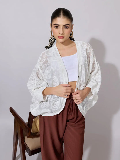 Women's Embroidered White Open Front Sheer Top