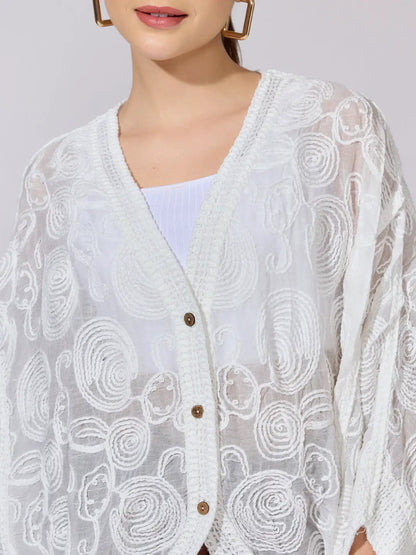 Women's Embroidered White Open Front Sheer Top