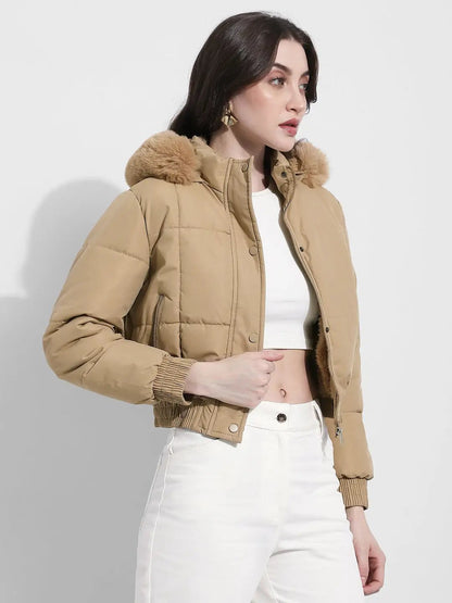 Women's Beige Hooded Puffer Jacket with Faux Fur Trim