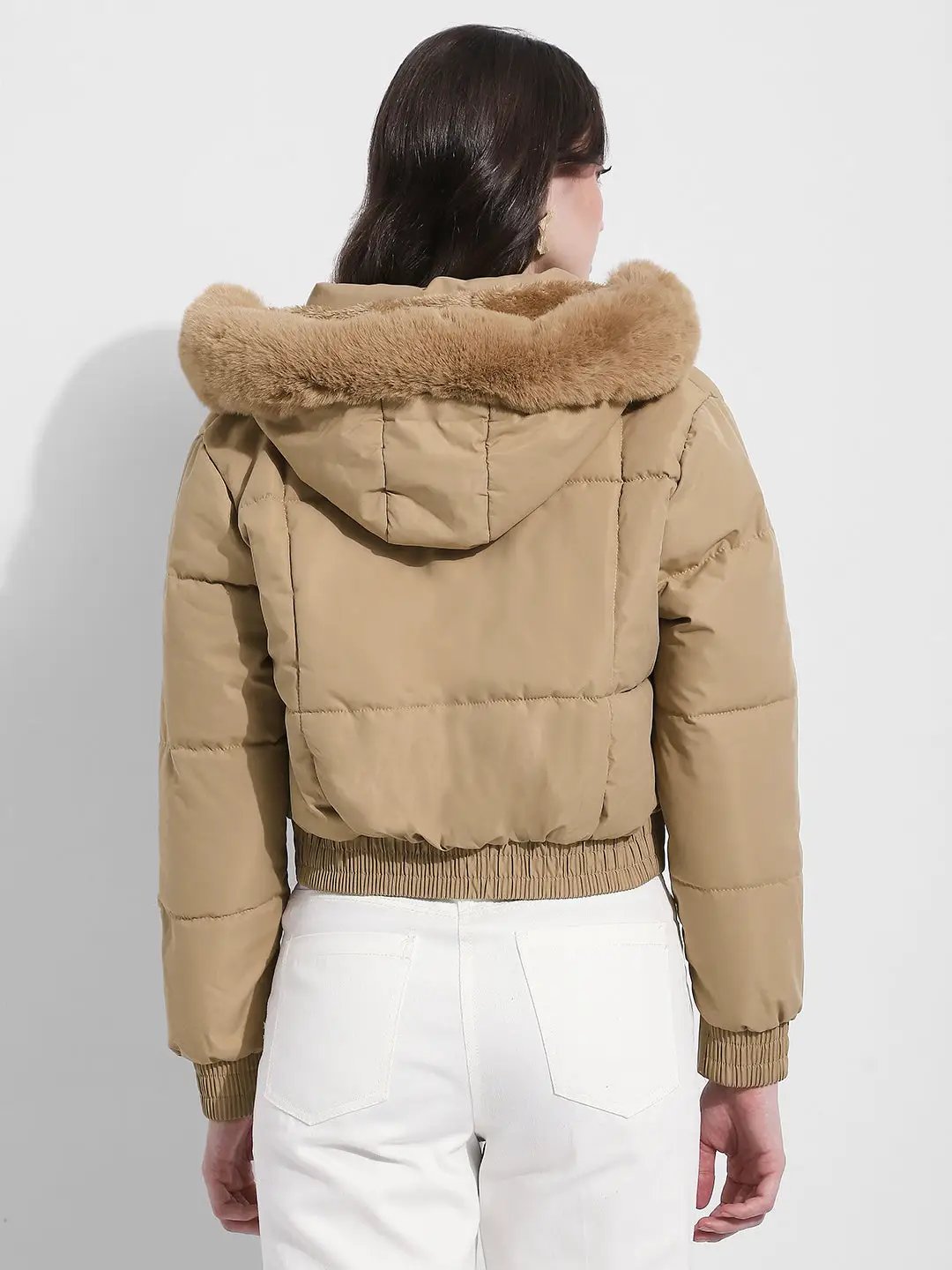 Women's Beige Hooded Puffer Jacket with Faux Fur Trim