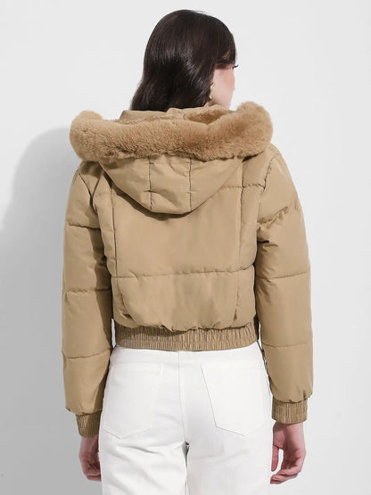 Women's Beige Hooded Puffer Jacket with Faux Fur Trim