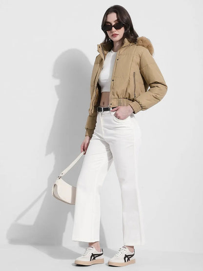 Women's Beige Hooded Puffer Jacket with Faux Fur Trim