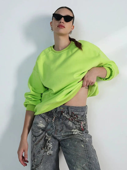 Women's Lime Green Round Neck Oversized Sweatshirt