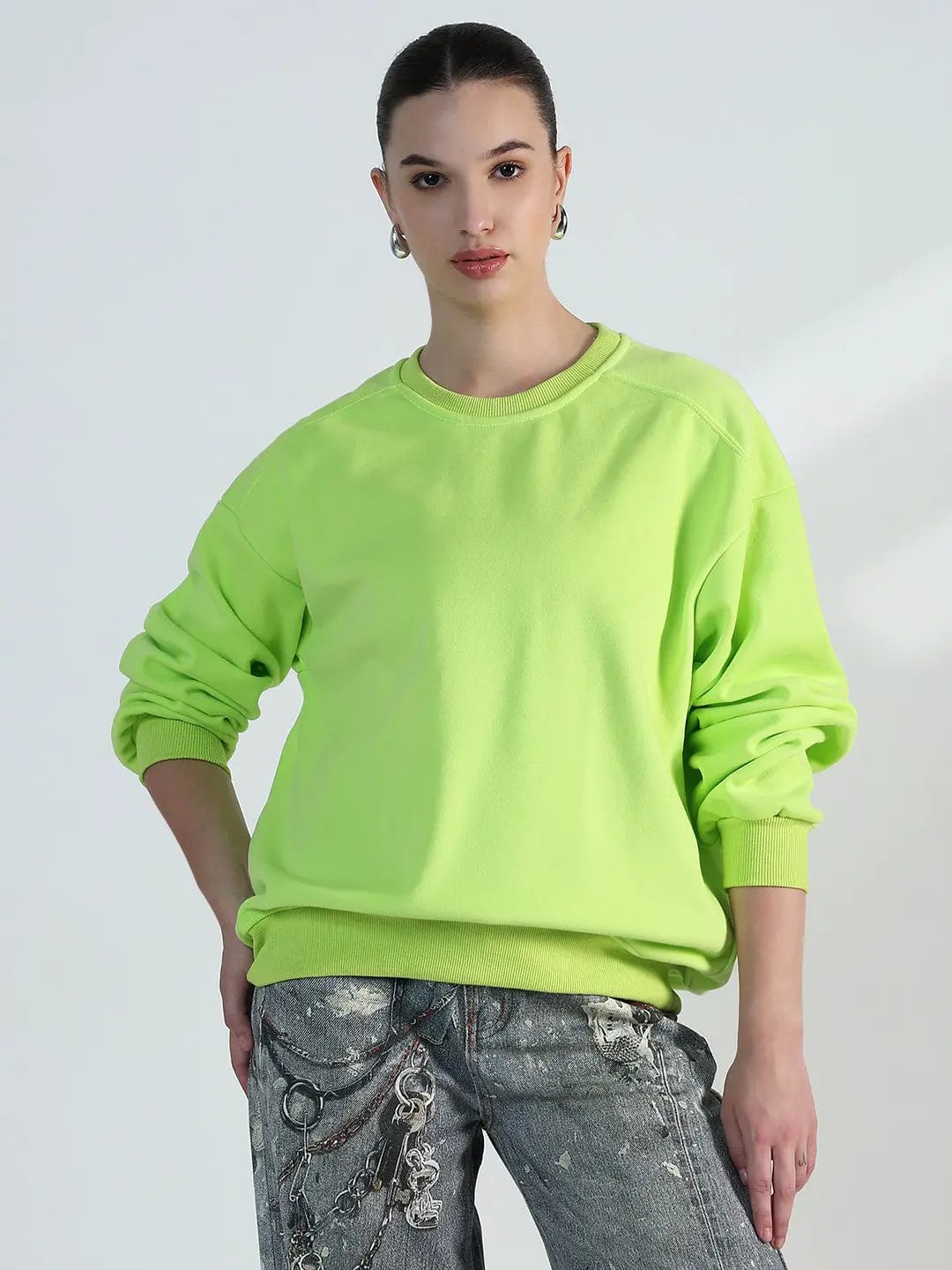 Women's Lime Green Round Neck Oversized Sweatshirt
