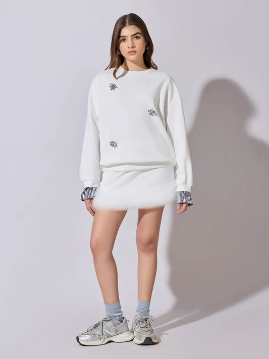 Women's Embellished White Sweatshirt and Mini Skirt Co-Ord Set