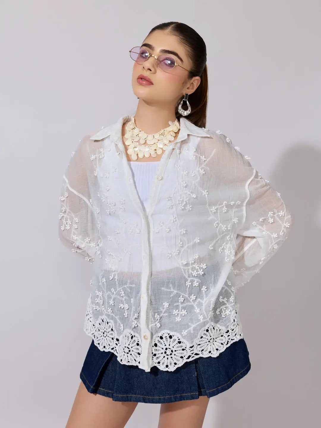 Women's Embroidered White Sheer Shirt