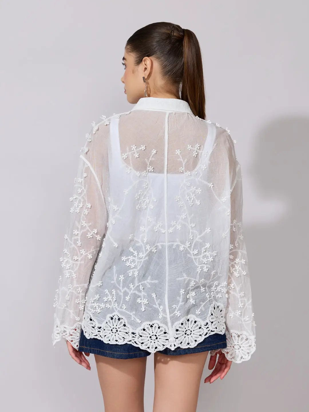 Women's Embroidered White Sheer Shirt