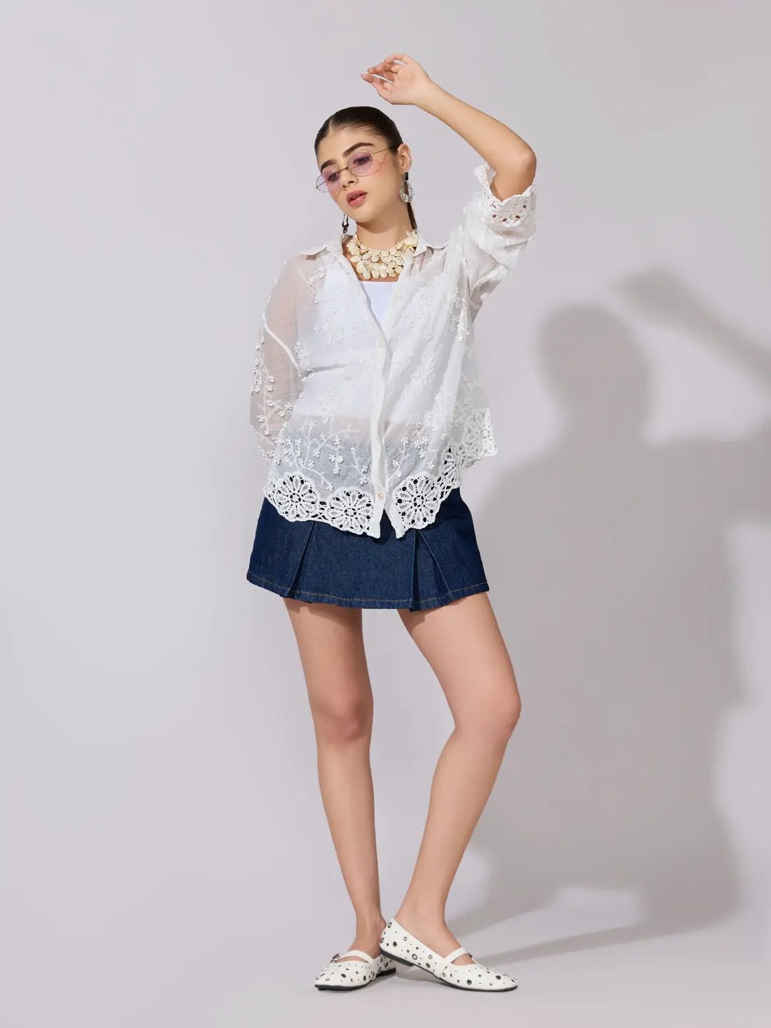 Women's Embroidered White Sheer Shirt