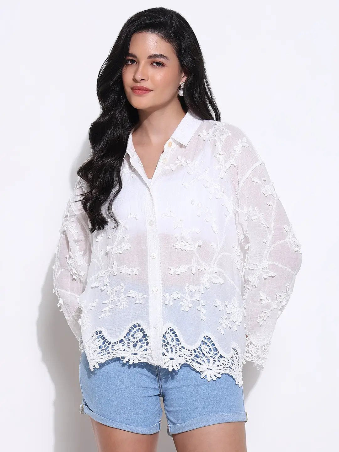 Women's Textured White Floral Lace Shirt