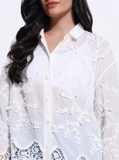 Women's Textured White Floral Lace Shirt