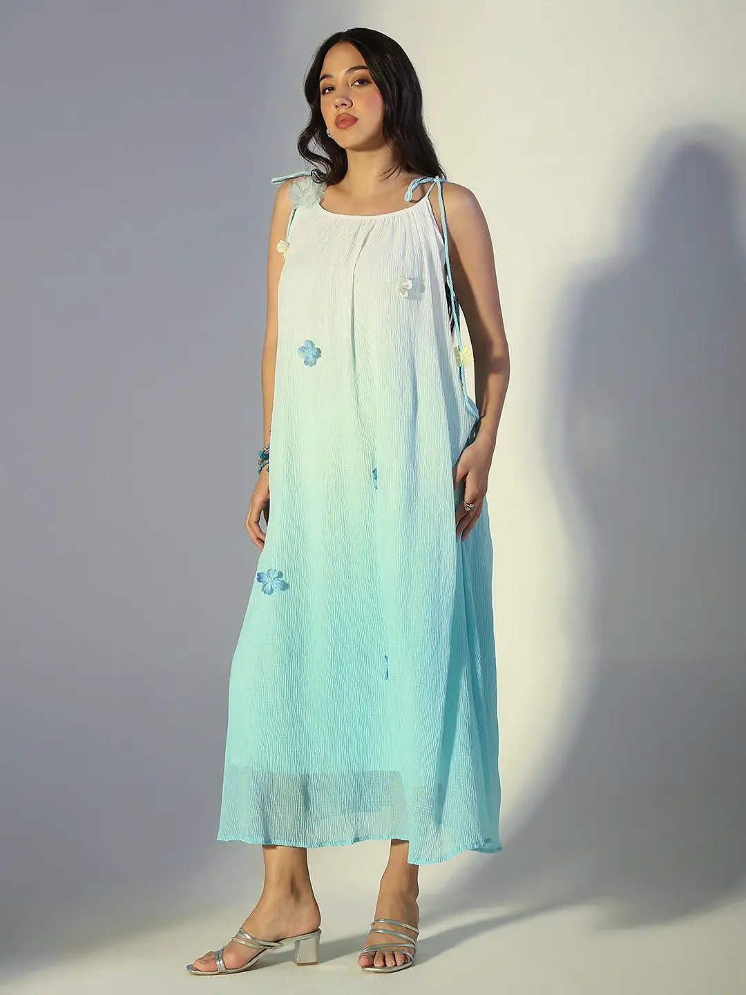 Women's Floral Applique Blue Ombre Maxi Dress with Tie-Up Straps