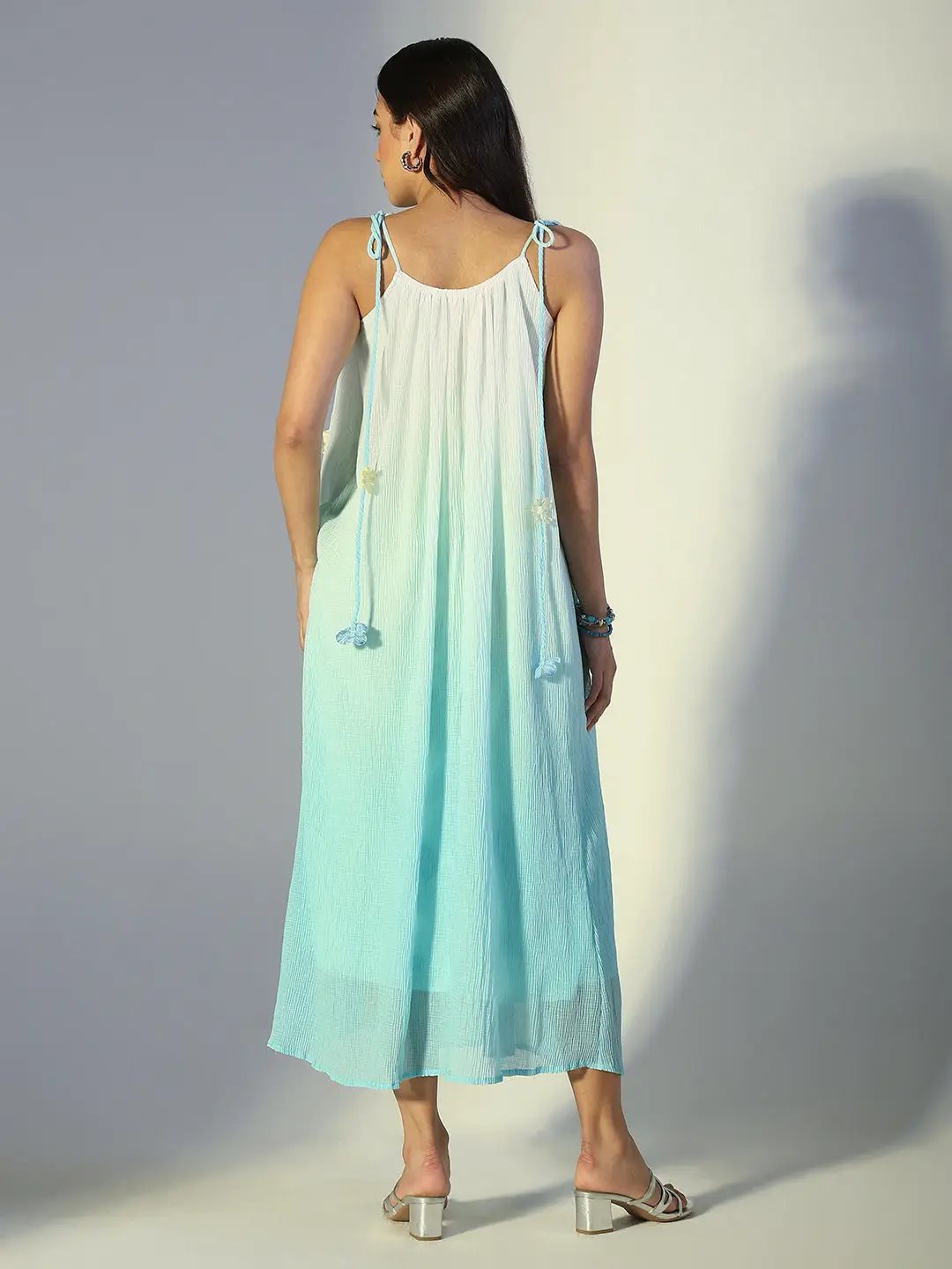 Women's Floral Applique Blue Ombre Maxi Dress with Tie-Up Straps
