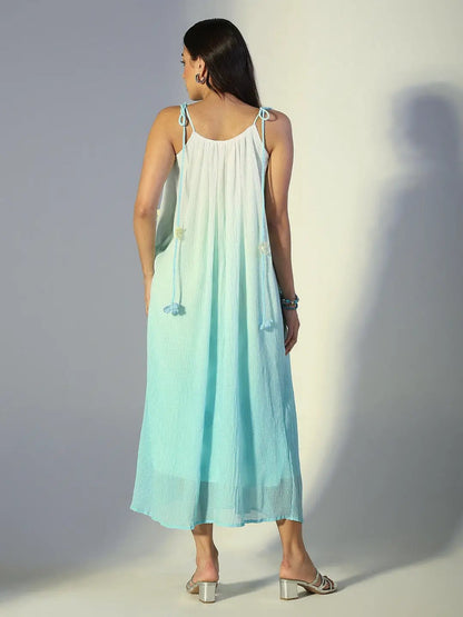 Women's Floral Applique Blue Ombre Maxi Dress with Tie-Up Straps