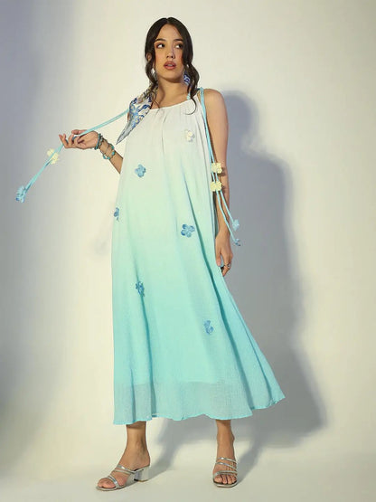 Women's Floral Applique Blue Ombre Maxi Dress with Tie-Up Straps
