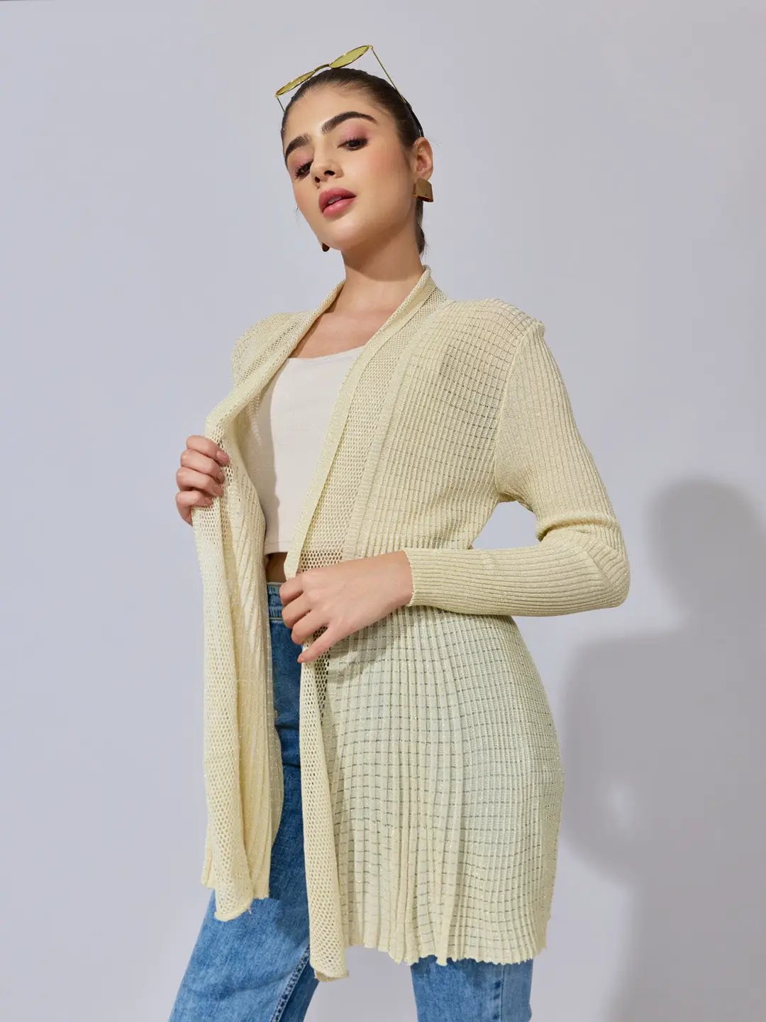Women's Pleated Beige Ribbed Open Front Shrug