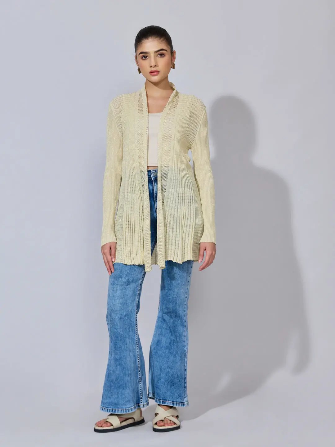 Women's Pleated Beige Ribbed Open Front Shrug