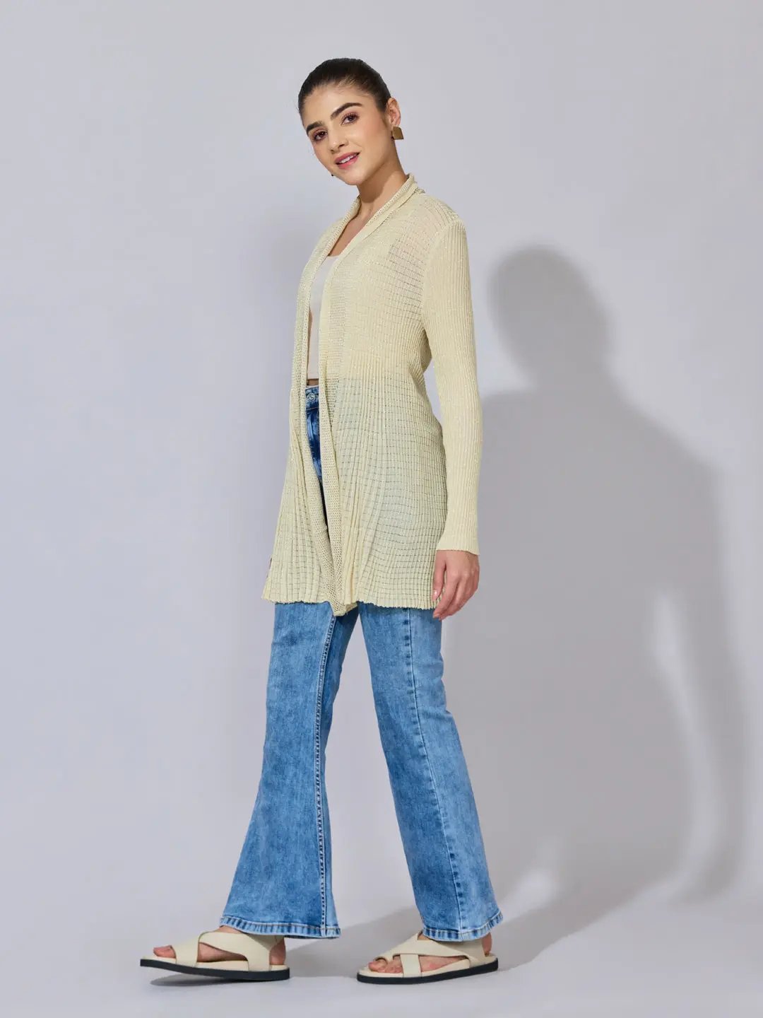 Women's Pleated Beige Ribbed Open Front Shrug