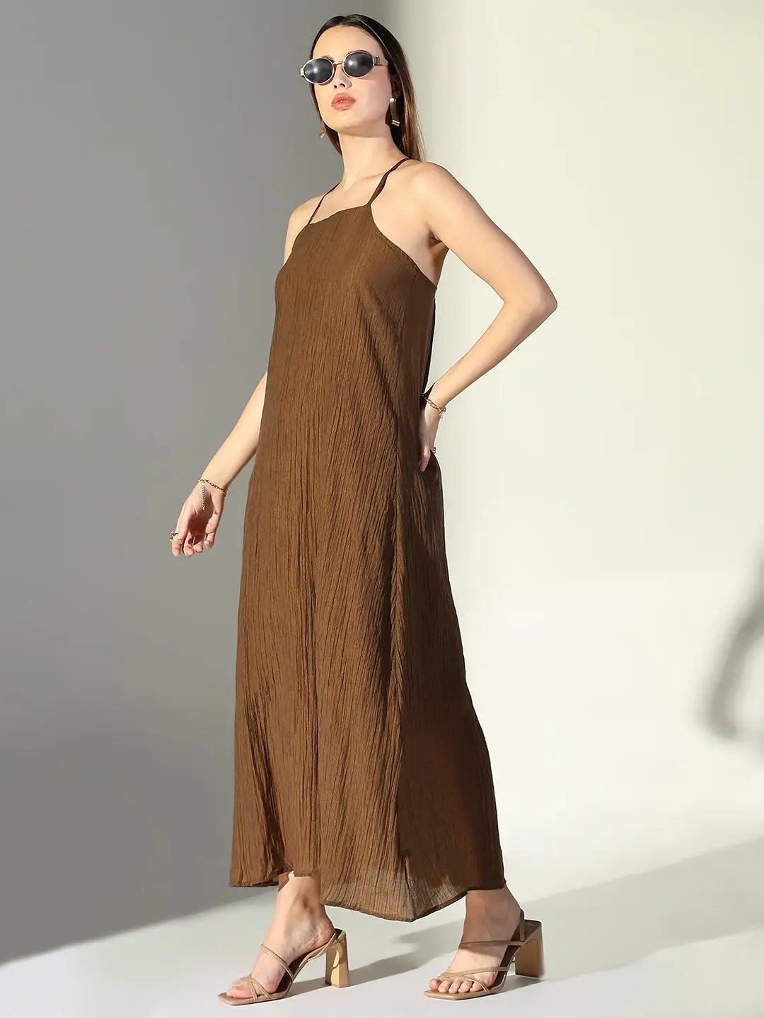 Women's Brown Solid A-Line Dress With Drape Over