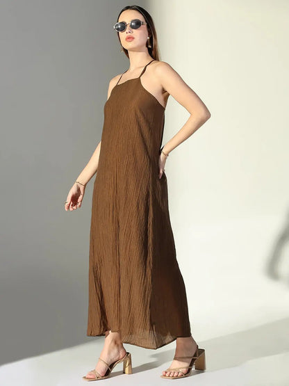 Women's Brown Solid A-Line Dress With Drape Over