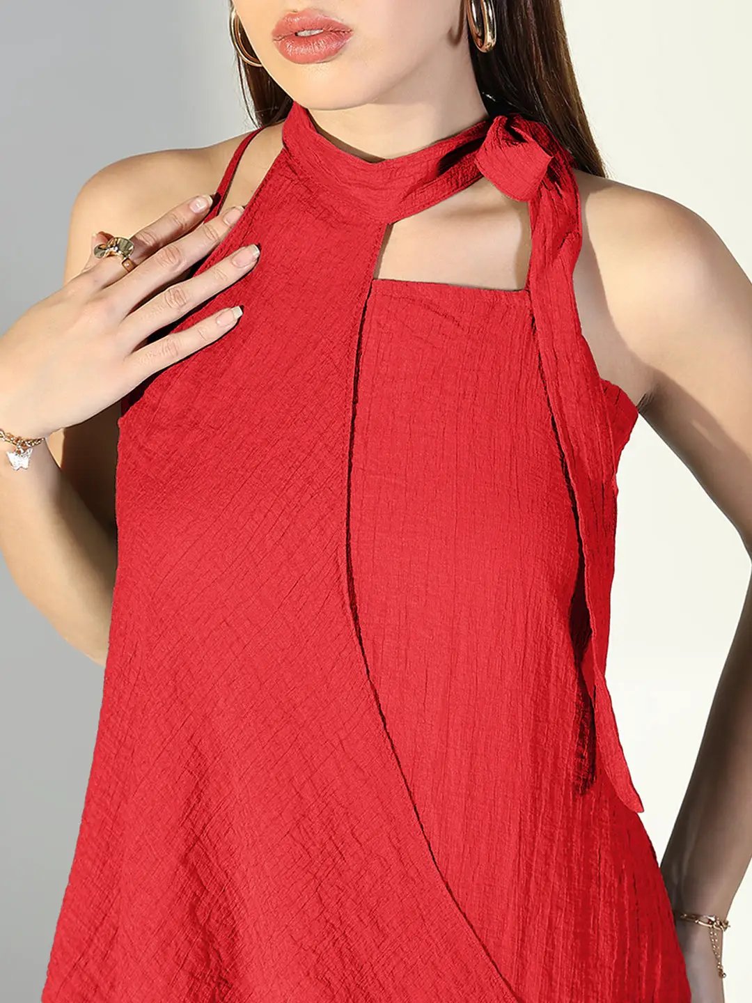 Women's Red Solid A-Line Dress With Drape Over