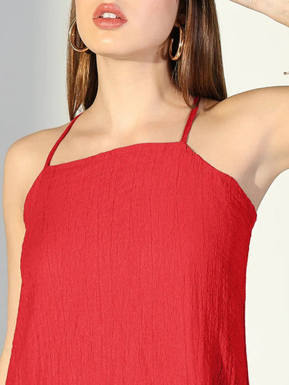 Women's Red Solid A-Line Dress With Drape Over