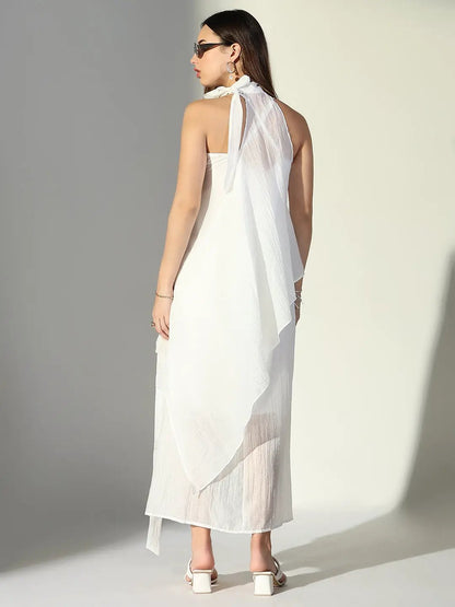 Women's White Solid A-Line Dress With Drape Over