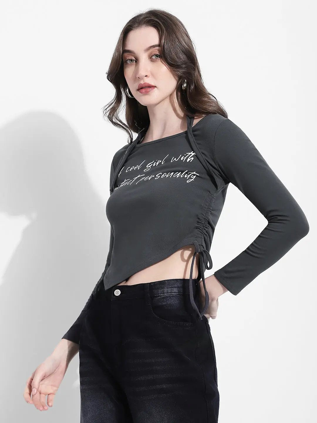Women's Typography Grey Asymmetrical Hem Crop Top with Side Tie Up