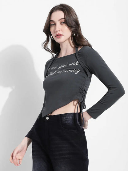 Women's Typography Grey Asymmetrical Hem Crop Top with Side Tie Up
