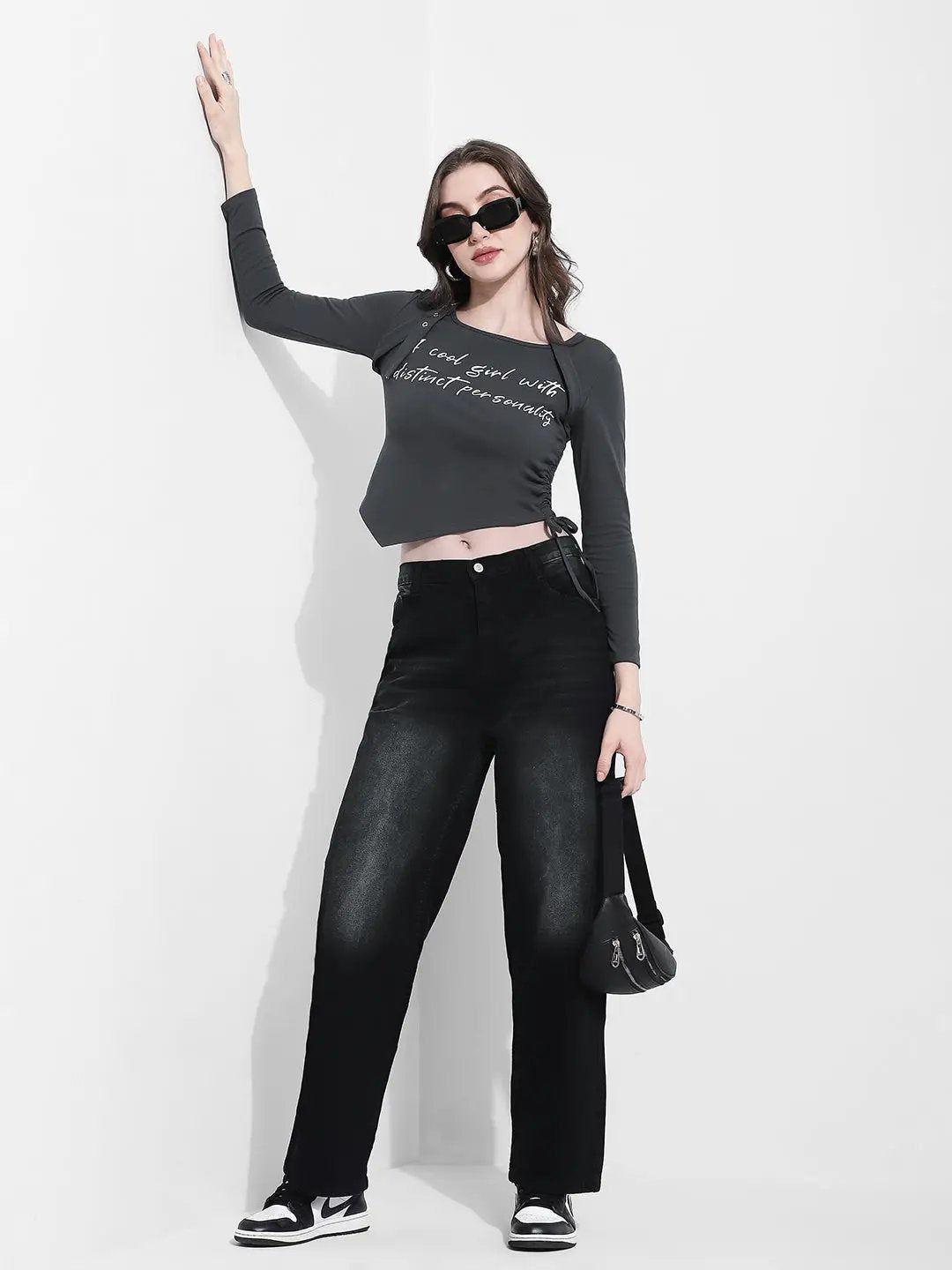 Women's Typography Grey Asymmetrical Hem Crop Top with Side Tie Up