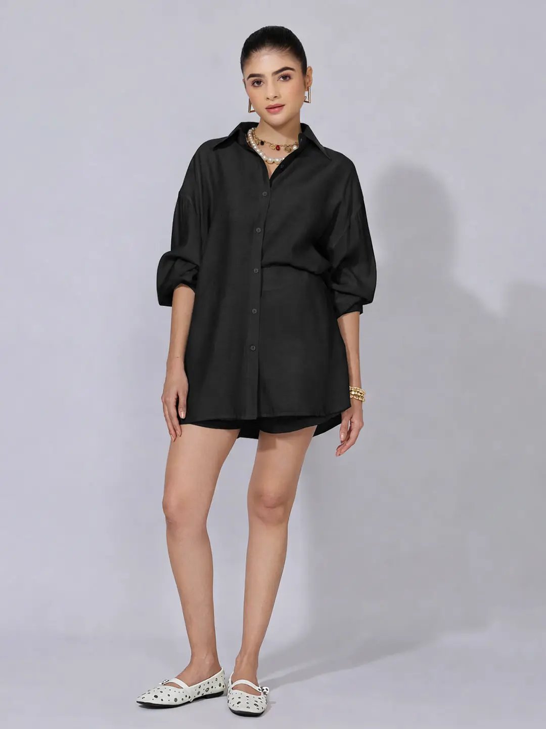 Women's Black Oversized Shirt & Shorts Co-Ord Set