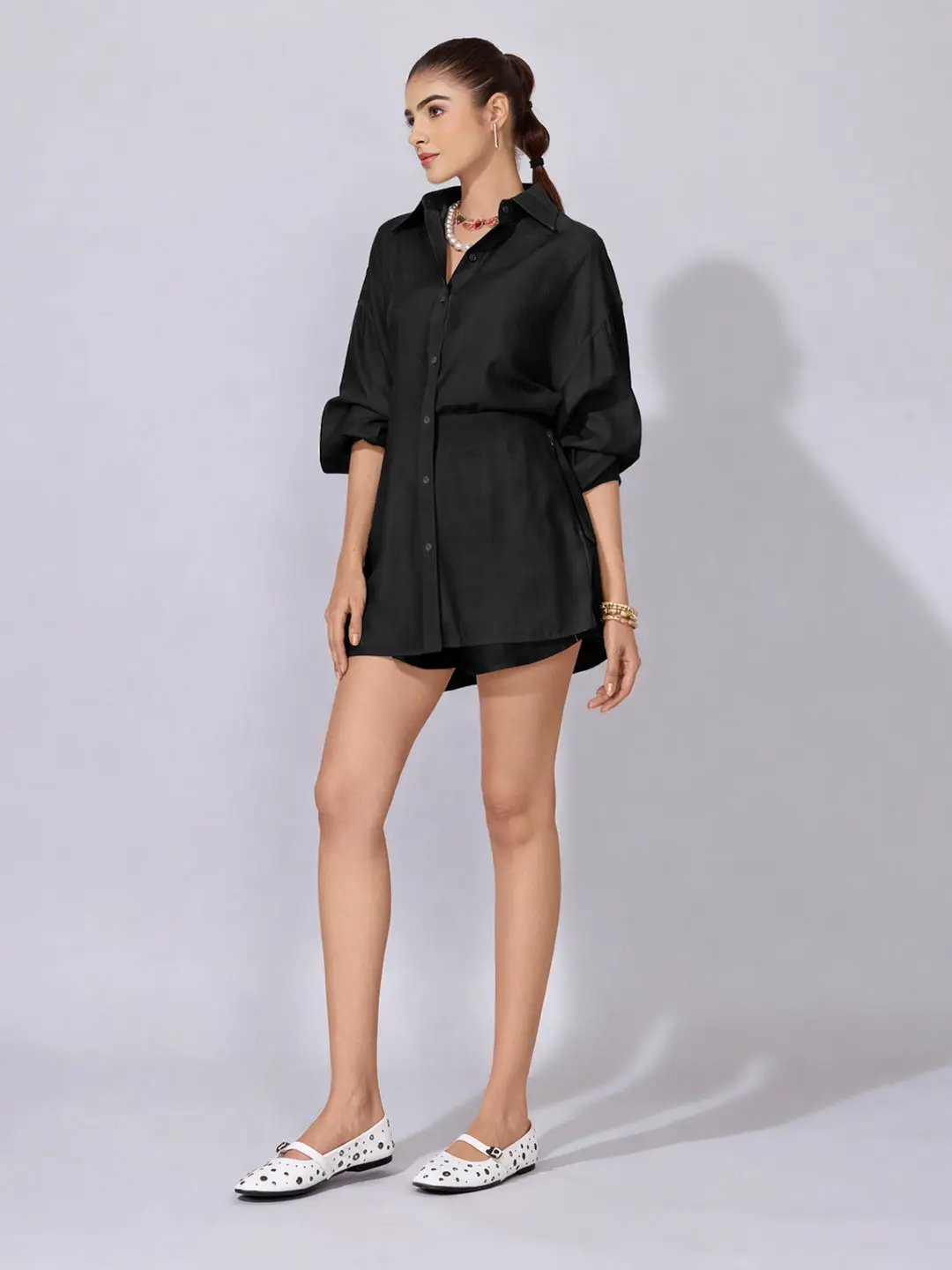 Women's Black Oversized Shirt & Shorts Co-Ord Set